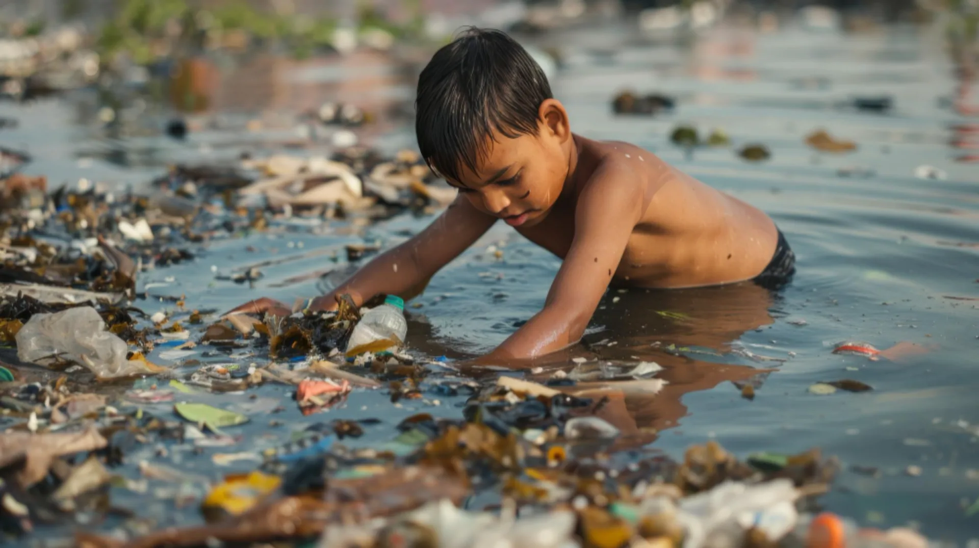 Shirtless boy playing in contaminated water source