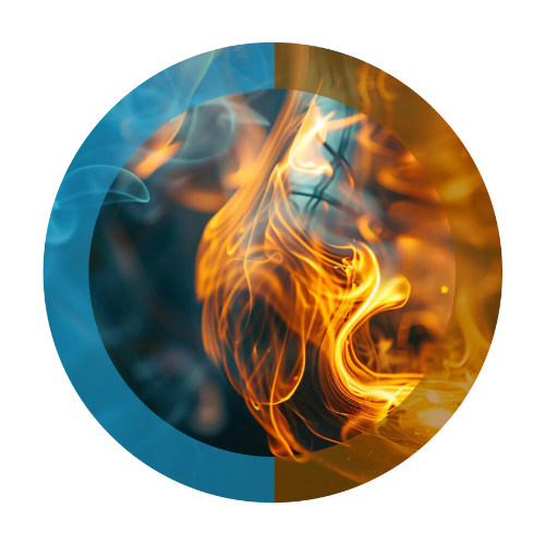 Fuel Burning illustration in a cirlcle with half in colored with blue line and the other in brown